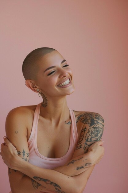 Foto mujer rapada con tatuajes y piercings sonriendo y posando para una foto generativa ai