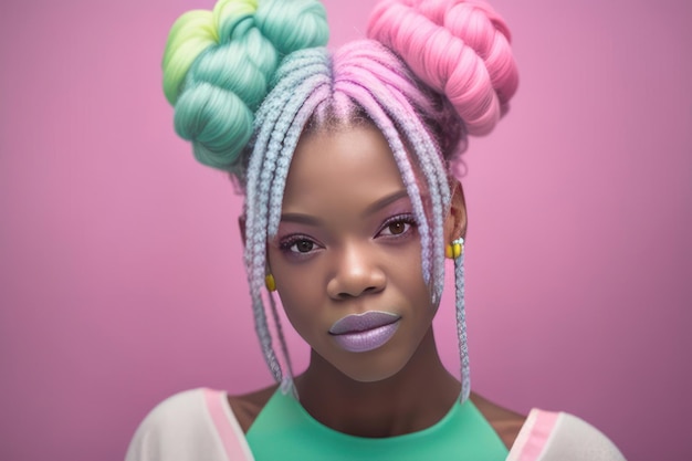 Una mujer con rastas de colores con un top verde y moños rosados