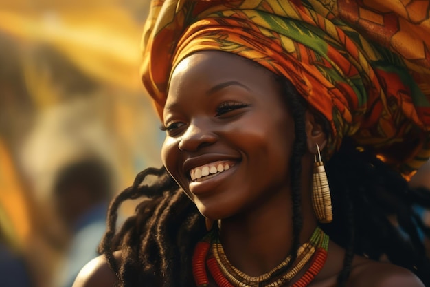 Una mujer con rastas y un colorido pañuelo en la cabeza sonríe a la cámara.