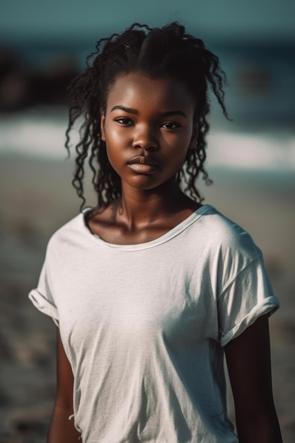 Foto una mujer con rastas se para en una playa con una camisa blanca.