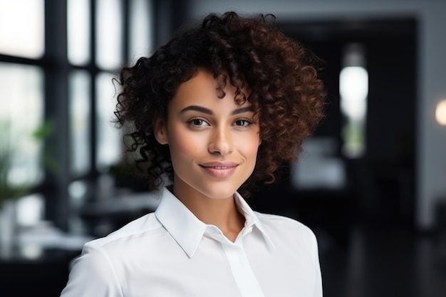 Mujer de raza negra con pelo corto rizado ejecutiva de una empresa con camisa blanca y brazos