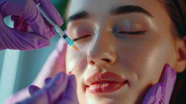 Mujer recibiendo algunas inyecciones de Botox en su cara y labios labios rosados y hermosos rasgos faciales