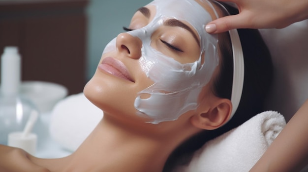 Mujer recibiendo cuidados faciales por esteticista en el salón de spa