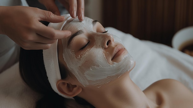 Una mujer recibiendo una mascarilla facial del spa.