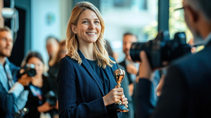 Mujer recibiendo el premio en la ceremonia sonriendo y sosteniendo un trofeo Muchos fotógrafos la rodean