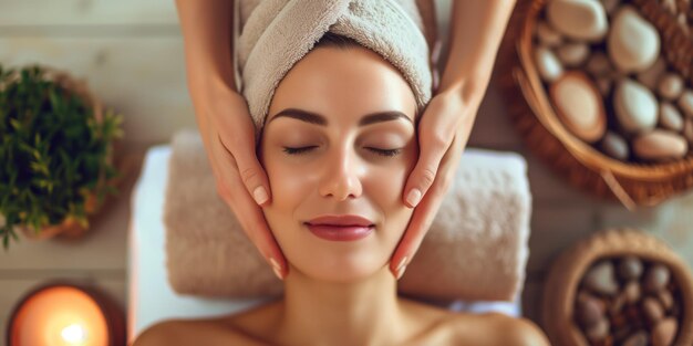 Mujer recibiendo un relajante masaje facial en un salón de belleza en un formato artístico a gran escala