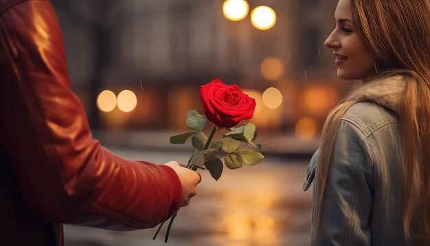 Mujer recibiendo rosas rojas concepto del día de san valentín