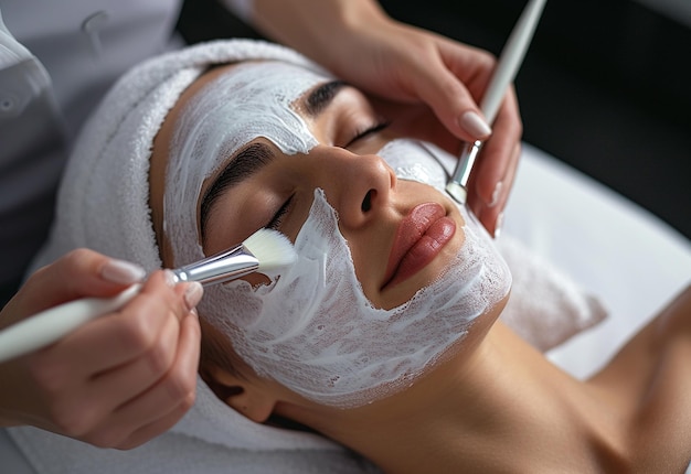 Una mujer recibiendo un tratamiento facial en un spa.