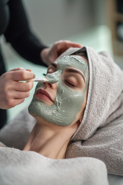 mujer recibiendo un tratamiento facial verde en su spa en el estilo de beige oscuro y gris