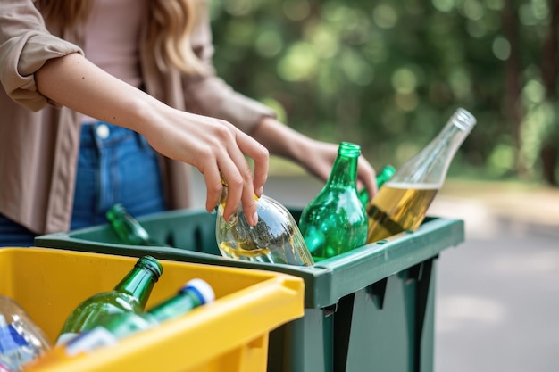 Foto mujer reciclando una botella de vidrio