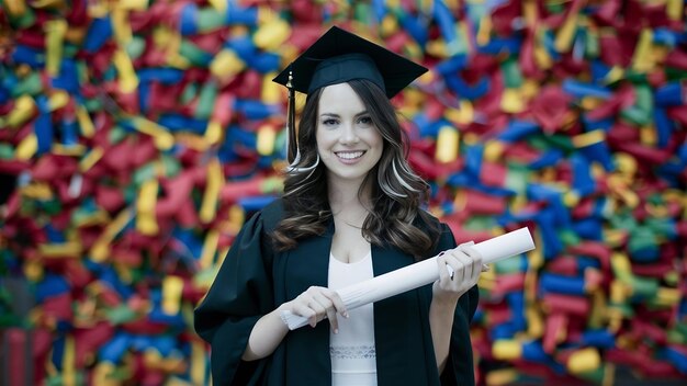 Mujer recién graduada con diploma posando sobre un fondo blanco