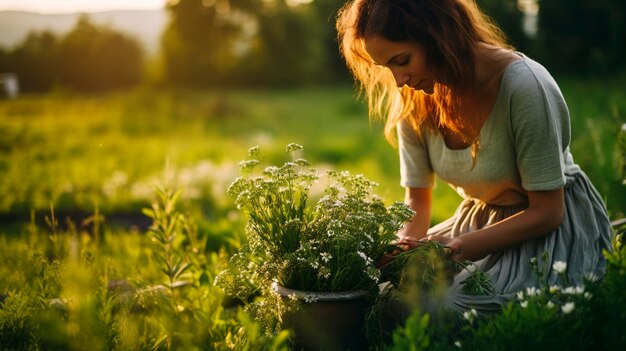 Una mujer recoge hierbas medicinales IA generativa Naturaleza