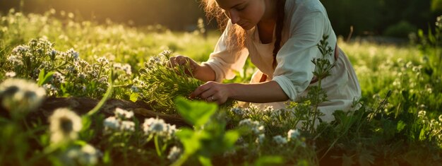 Una mujer recoge hierbas medicinales IA generativa Naturaleza