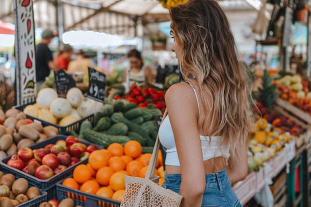 Una mujer recoge productos frescos en el mercado local promoviendo un estilo de vida ecológico con bolsas de tela reutilizables en lugar de plástico