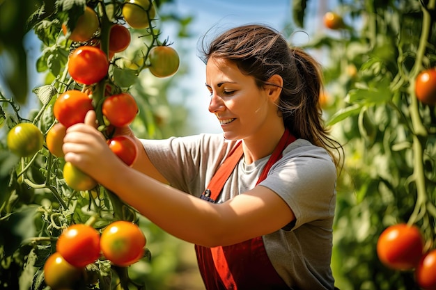 Una mujer recoge tomates.