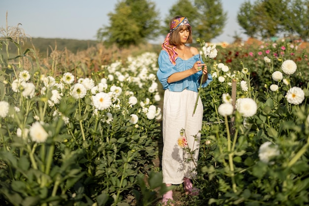 Mujer recoger flores en la granja al aire libre