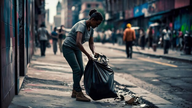 Mujer recogiendo basura en una bolsa negra