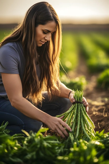 Mujer recogiendo espárragos en el campo