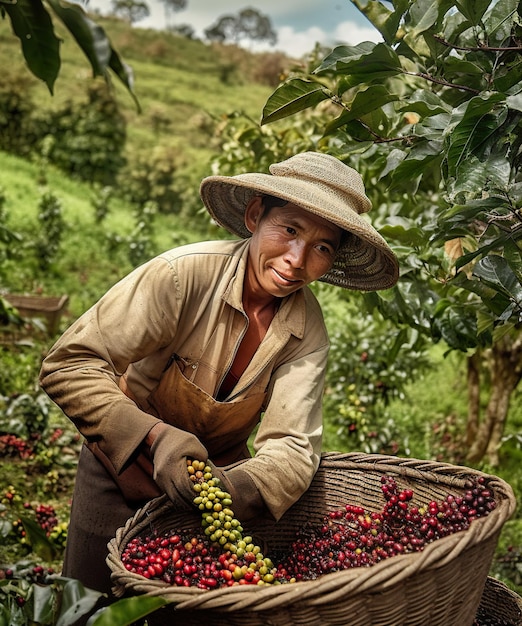 Una mujer recogiendo granos de café de un árbol Imagen generativa de IA