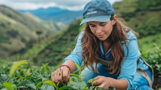 Mujer recogiendo hojas de té