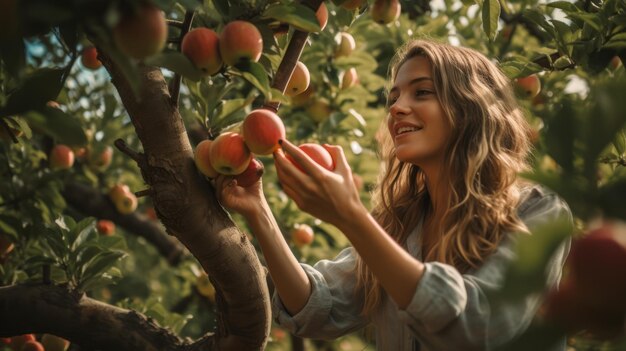 una mujer recogiendo manzanas de un manzano