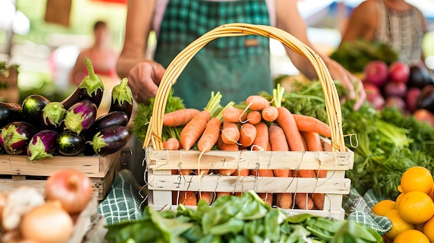 Foto mujer recogiendo verduras frescas en el mercado de agricultores para mostrar productos frescos y saludables en un mercado de agricultores local