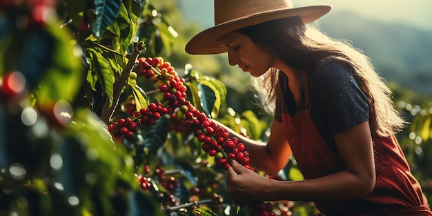 Mujer recolectando granos de cafe rojo