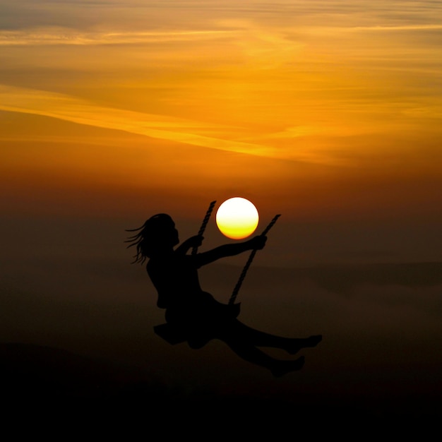 Una mujer se recorta contra un cielo al atardecer con el sol de fondo.