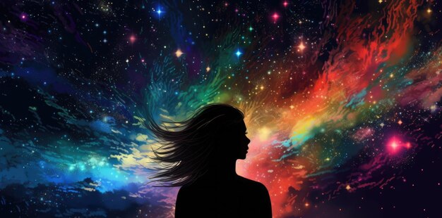 Una mujer recortada contra un colorido fondo de galaxia