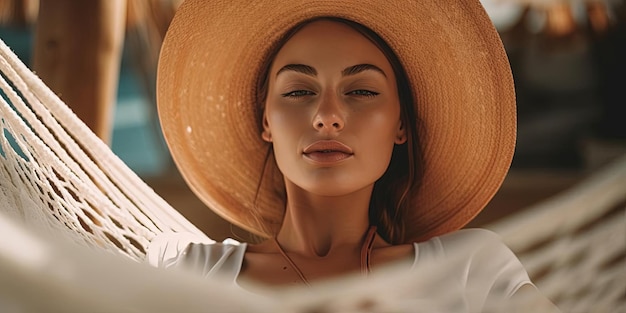 mujer recostada en una hamaca con sombrero al estilo de los retratos de playa