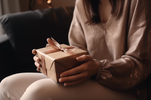 Mujer con regalo de Navidad en casa