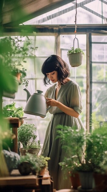 Mujer regando un helecho una planta de interior Concepto de jardín doméstico Tienda de flores y jardín IA generativa