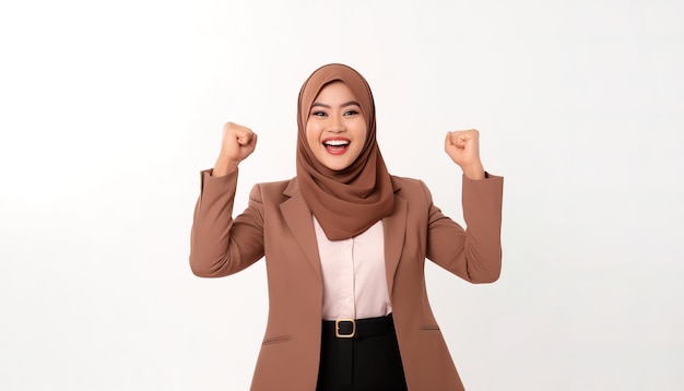 Foto mujer regocijándose mirando feliz y celebrando la victoria