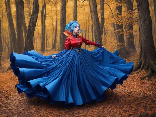 mujer reina cabello azul corre en el bosque de otoño chica larga elegante vestido rojo vintage de la noche real