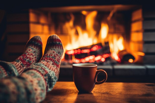 Una mujer se relaja junto al fuego con una bebida caliente y se calienta los pies con calcetines de lana Closeup de los pies