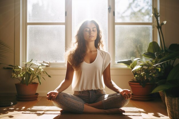 Una mujer se relaja meditando en una pose de loto de yoga en el suelo de la sala de estar en casa en una tranquila y pacífica soledad