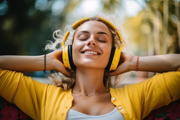 Foto mujer relajada acostada en la hierba escuchando música.