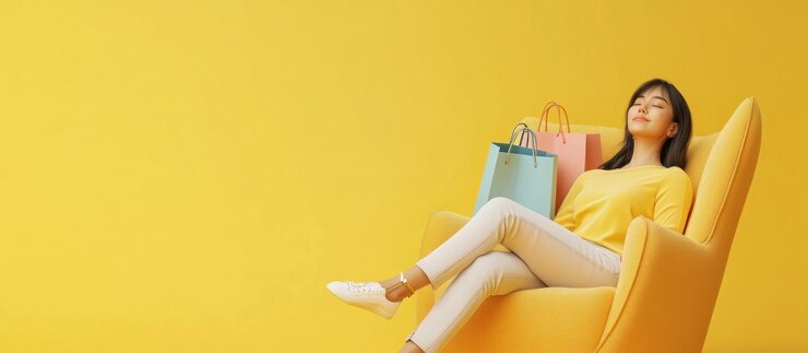 Mujer relajada con bolsas de compras en el sillón