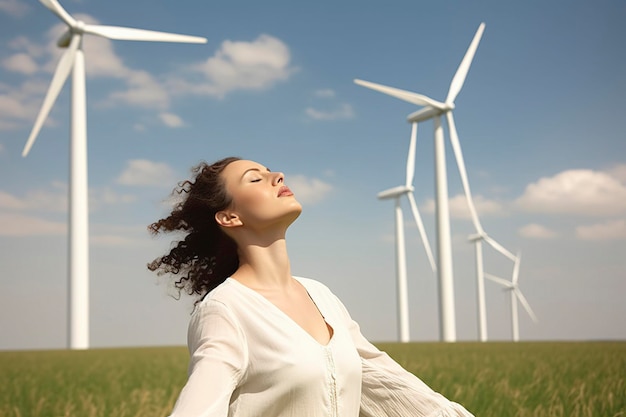 Mujer relajada en un campo caminando en el campo de fondo de las turbinas eólicas producen electricidad con el viento generado por Ai