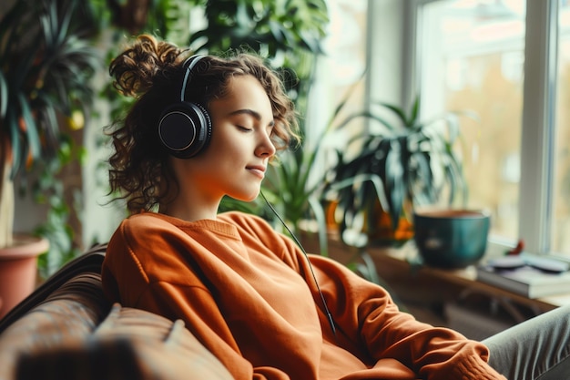 Mujer relajada en casa escuchando música con auriculares en un interior acogedor moderno con plantas verdes