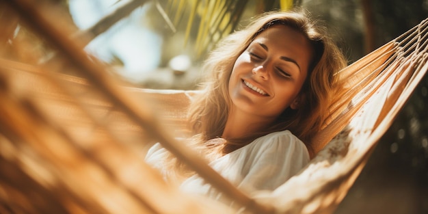 Foto una mujer relajada descansa en una hamaca