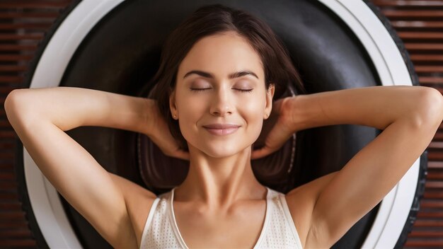 Foto mujer relajada con los ojos cerrados disfrutando de la presoterapia en un centro de bienestar