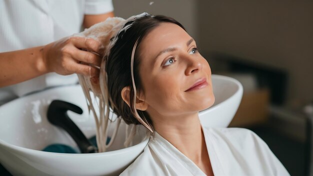 Mujer relajada que se ve relajada mientras el peluquero se lava el cabello