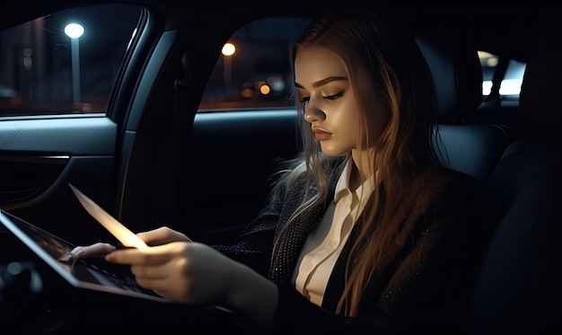 Mujer relajándose en el asiento trasero de un auto con una tableta en la mano Creando usando herramientas de IA generativa