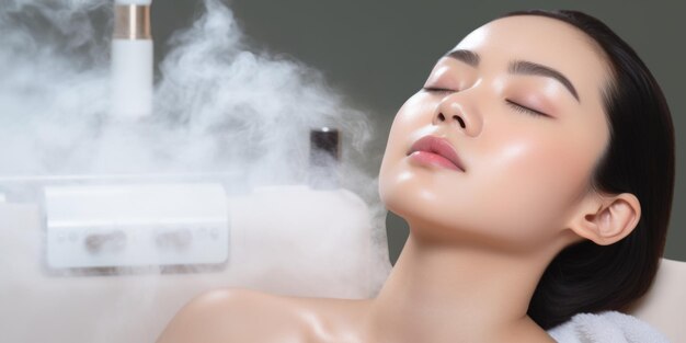 Foto una mujer relajándose en una bañera con vapor surgiendo de su cara perfecto para proyectos temáticos de spa y relajación