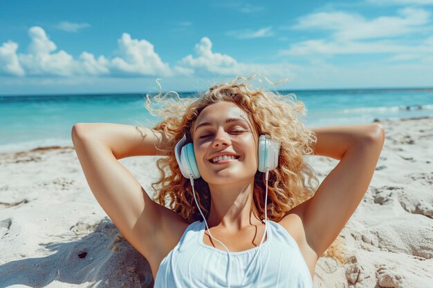 Foto mujer relajándose y disfrutando de la playa de verano