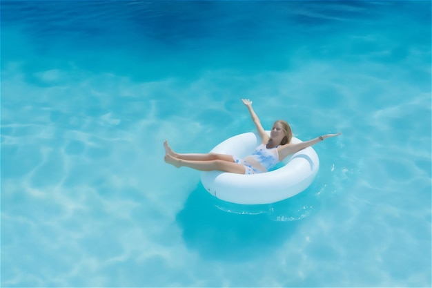 Mujer relajándose en un donut inflable en la piscina, divirtiéndose bajo el sol, disfrute de las vacaciones de verano perfectas