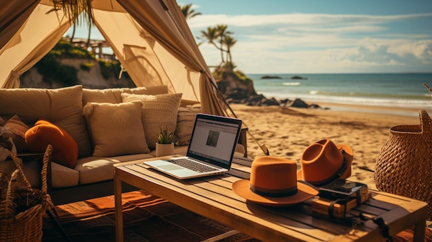 mujer relajándose en una hamaca con una computadora portátil en la playa concepto de vacaciones de verano de la isla tropical