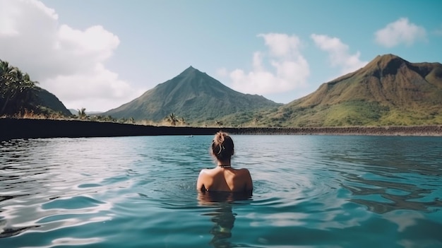 Mujer relajándose en la piscina de montaña Modelo femenino delgado posando en vacaciones en verano con IA generativa de volcán