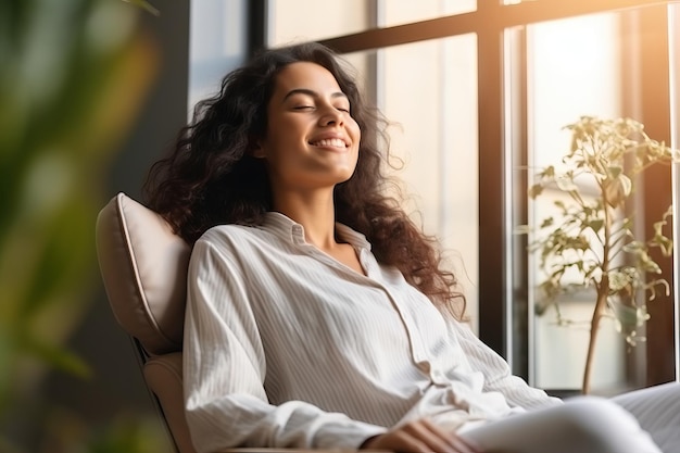 Foto mujer relajándose en una silla junto a la ventana inspirando calma y tranquilidad